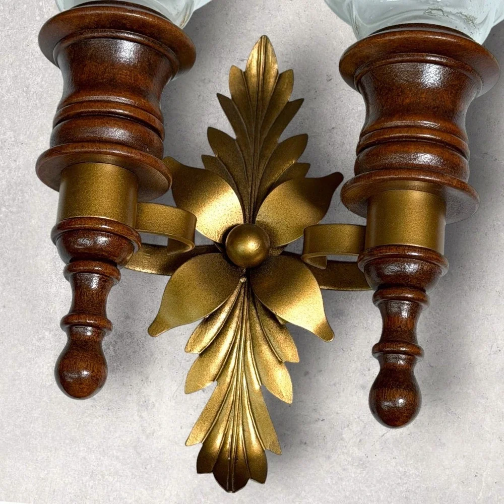 Vintage Double Wall Sconce Wood Gold Metal Floral‎ Etched Glass Hurricane Shades